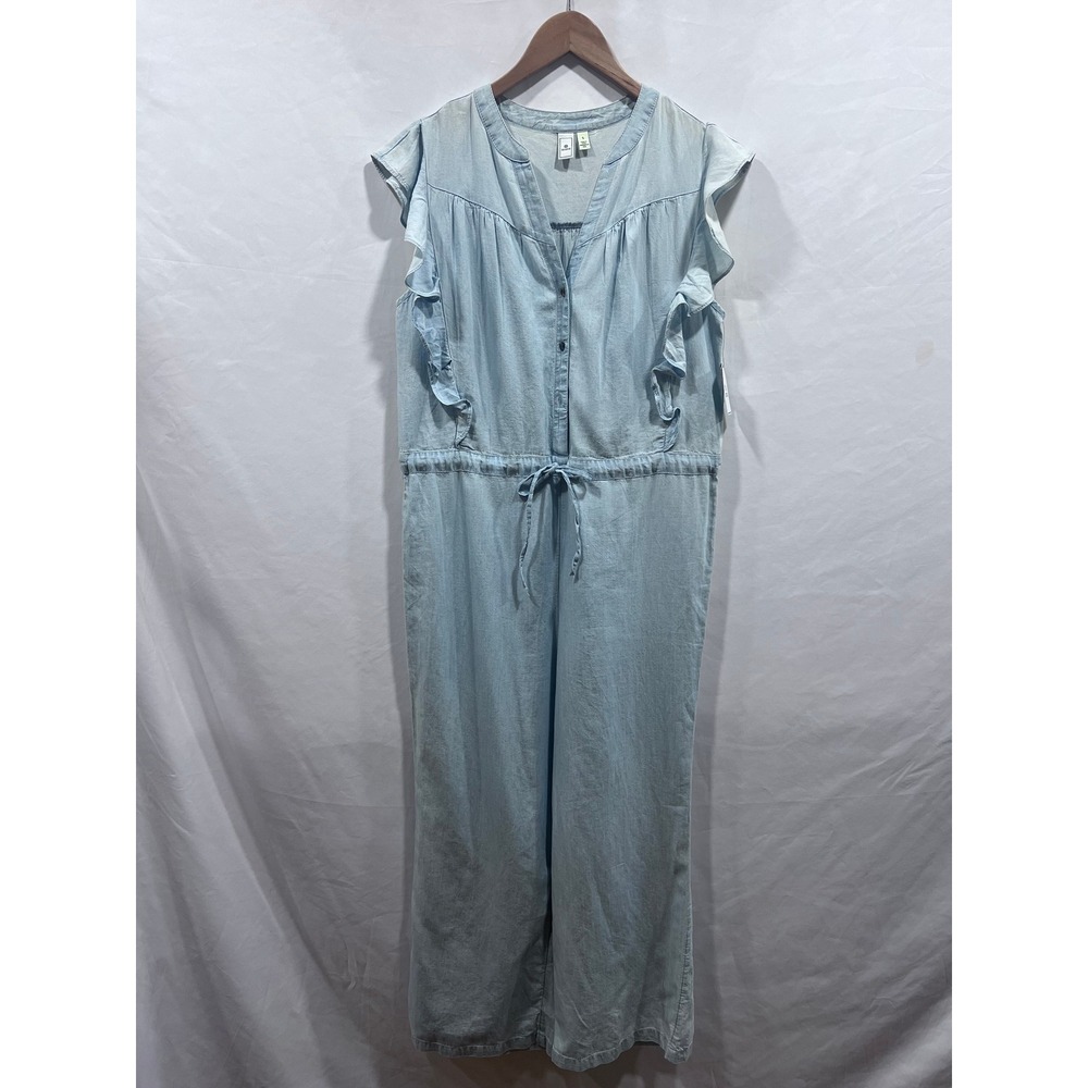 Susina Womens Light Wash Denim Ruffle Boho‎ Wide Leg Jumpsuit Blue Small NEW
